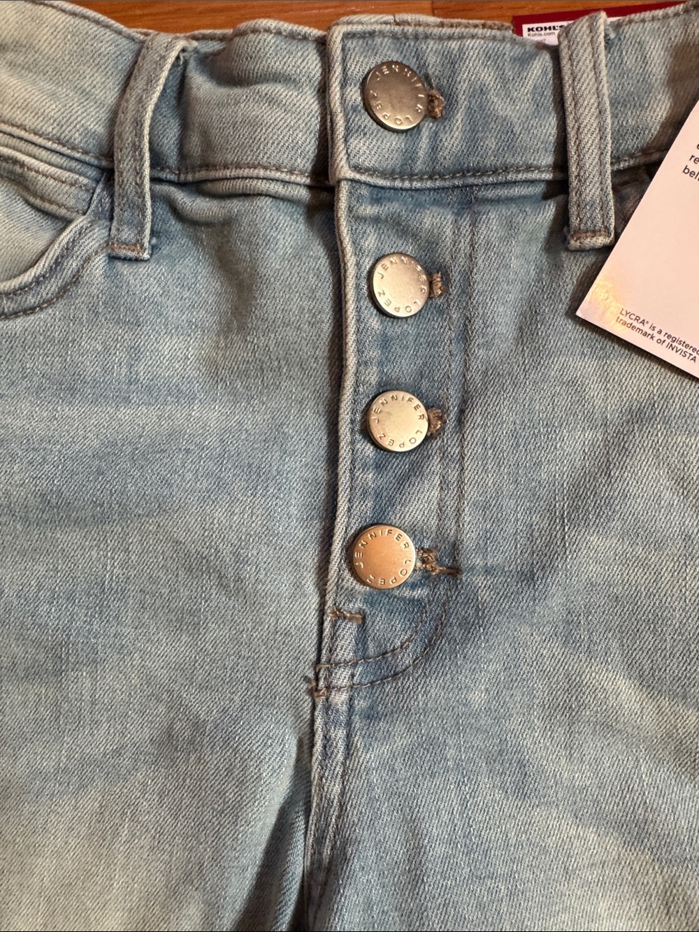 Jennifer Lopez Pale Blue Distressed Button-Front Denim Shorts - Picture 5 of 5
